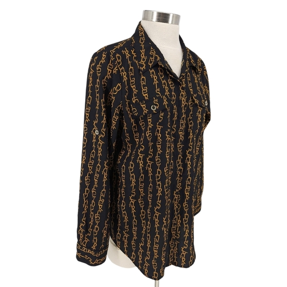 Karl Lagerfeld Logo Chain Blouse Black Gold Long Sleeve Button Up Shirt - Picture 2 of 8